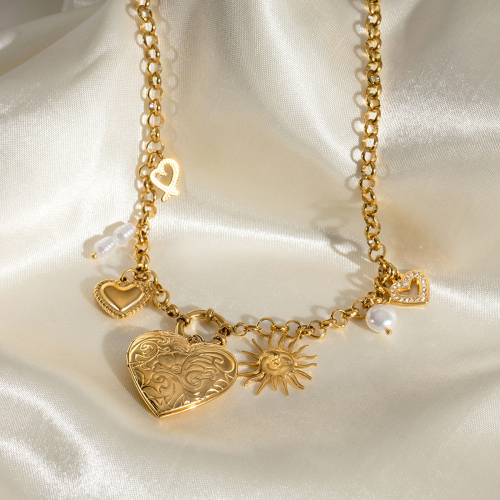 Collier Pendentif Romantique Chic En Forme De Cœur Et De Soleil, En Acier Inoxydable Étanche Couleur Or, À Faire Soi-Même Pour Femme (1 Pièce) h5Image3