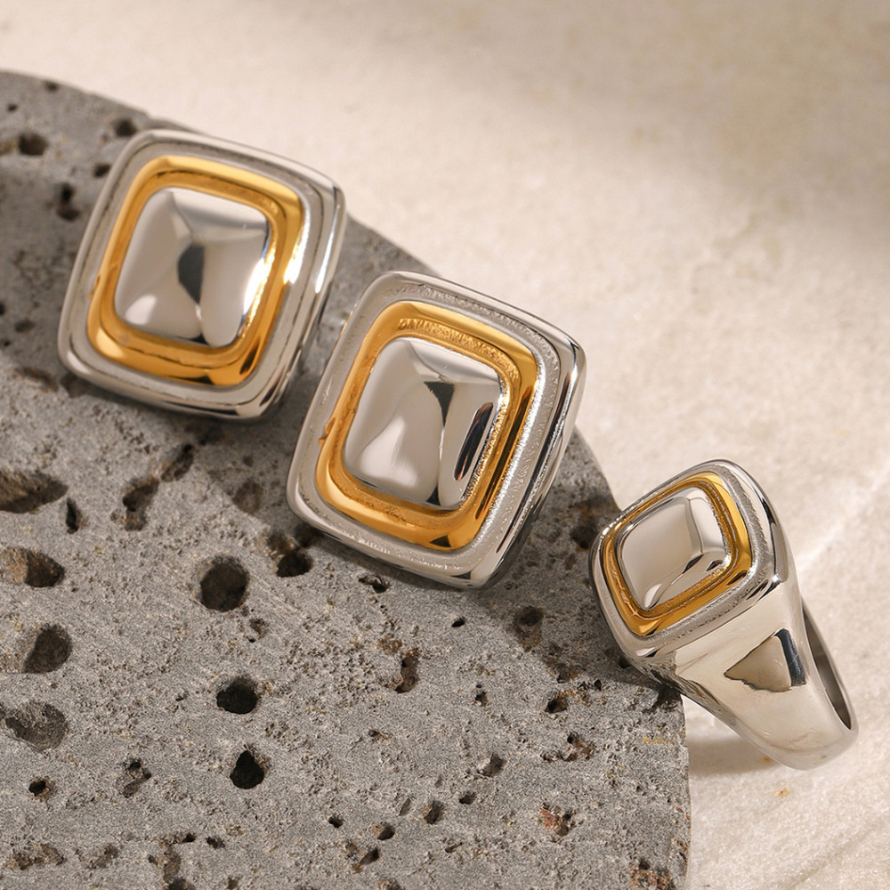 1 Paire De Boucles D'Oreilles À Tige Pour Femme En Acier Inoxydable Plaqué Or , Série Simple, Quadrilatère Simple h5Image3