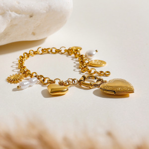 Bracelet À Breloques Pour Femme En Acier Inoxydable Plaqué Or , Série Simple, Motif Cœur Classique h5 Image3
