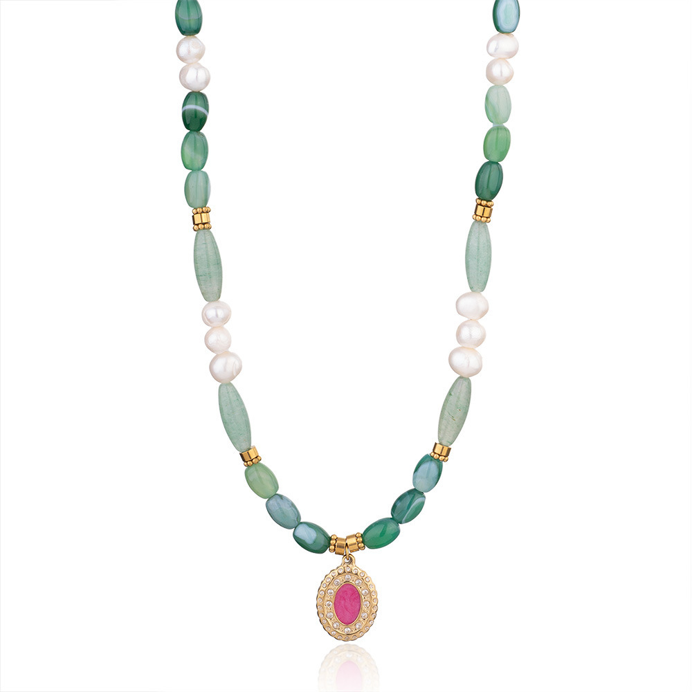 Collier De Perles Élégant Pour Femme, Collection Sophistiquée, En Acier Inoxydable, Couleur Or, Imperméable, Avec Cristal Vert (1 Pièce). Image8