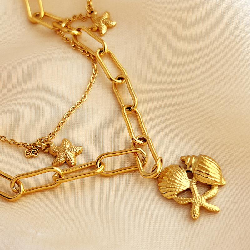 Collier À Plusieurs Rangs Pour Femme, Collection Vacances, Double Couche, En Acier Inoxydable Imperméable, Couleur Or, Motif Coquillage Exquis h5Image4