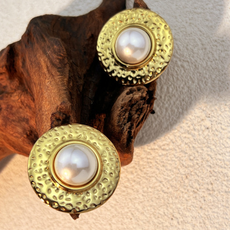 1 paire de boucles d'oreilles puces rétro rondes en acier inoxydable étanche couleur or pour femme 2