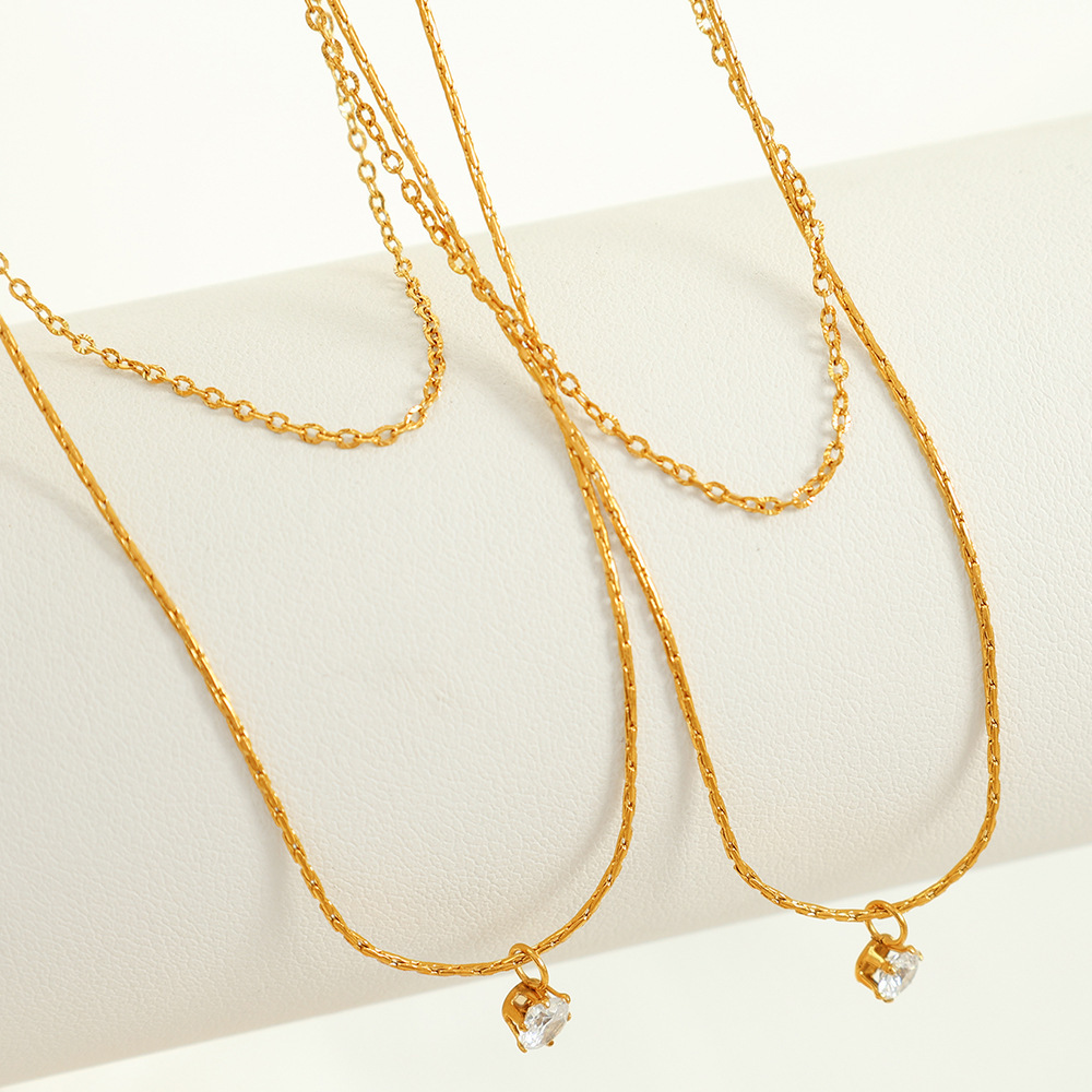 Colliers Superposés Géométriques Simples En Acier Inoxydable Plaqué Or  Et Zircons Pour Femmes, Série Simple, 1 Pièce Image5