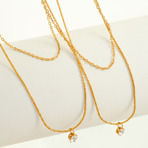 Colliers Superposés Géométriques Simples En Acier Inoxydable Plaqué Or  Et Zircons Pour Femmes, Série Simple, 1 Pièce h5 Image5