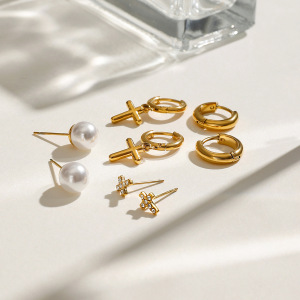 1 Paire De Boucles D'Oreilles Élégantes En Acier Inoxydable Plaqué Or  Avec Strass Pour Femme, Série Simple h5 Image2