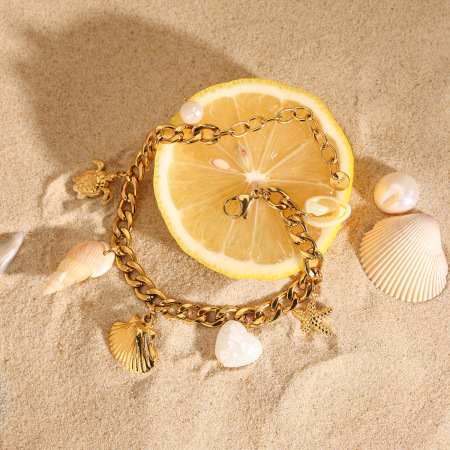 Bracelet à breloques étoile de mer et tortue en acier inoxydable doré (1 pièce)