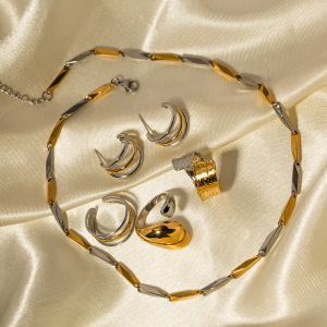  Boucles D'Oreilles Géométriques En Acier Titane, Style Français, Couleur Or Et Argent, Assorties, À Trois Lignes Lisses, Pour Femme. h5 Image4