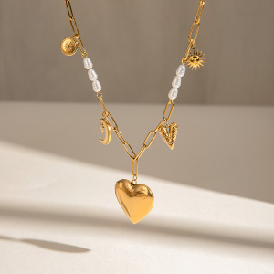 Collier Pendentif Romantique Classique En Forme De Cœur Et De Lune, En Acier Inoxydable Étanche Couleur Or, À Faire Soi-Même Pour Femme (1 Pièce) h5 Image3