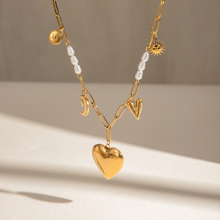 Collier pendentif romantique classique en forme de cœur et de lune, en acier inoxydable étanche couleur or, à faire soi-même pour femme (1 pièce) 2