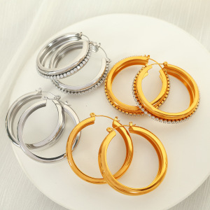 1 Paire De Boucles D'Oreilles Créoles Classiques En Acier Inoxydable Plaqué Or  Avec Zircons Pour Femmes, Série Simple h5 Image3