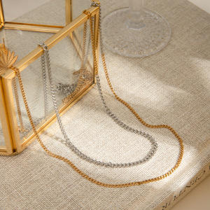 Collier Chaîne Minimaliste Double Couche Pour Femme, En Acier Inoxydable Étanche, Coloris Or Et Argent, À Porter Au Quotidien (1 Pièce) h5 Image7