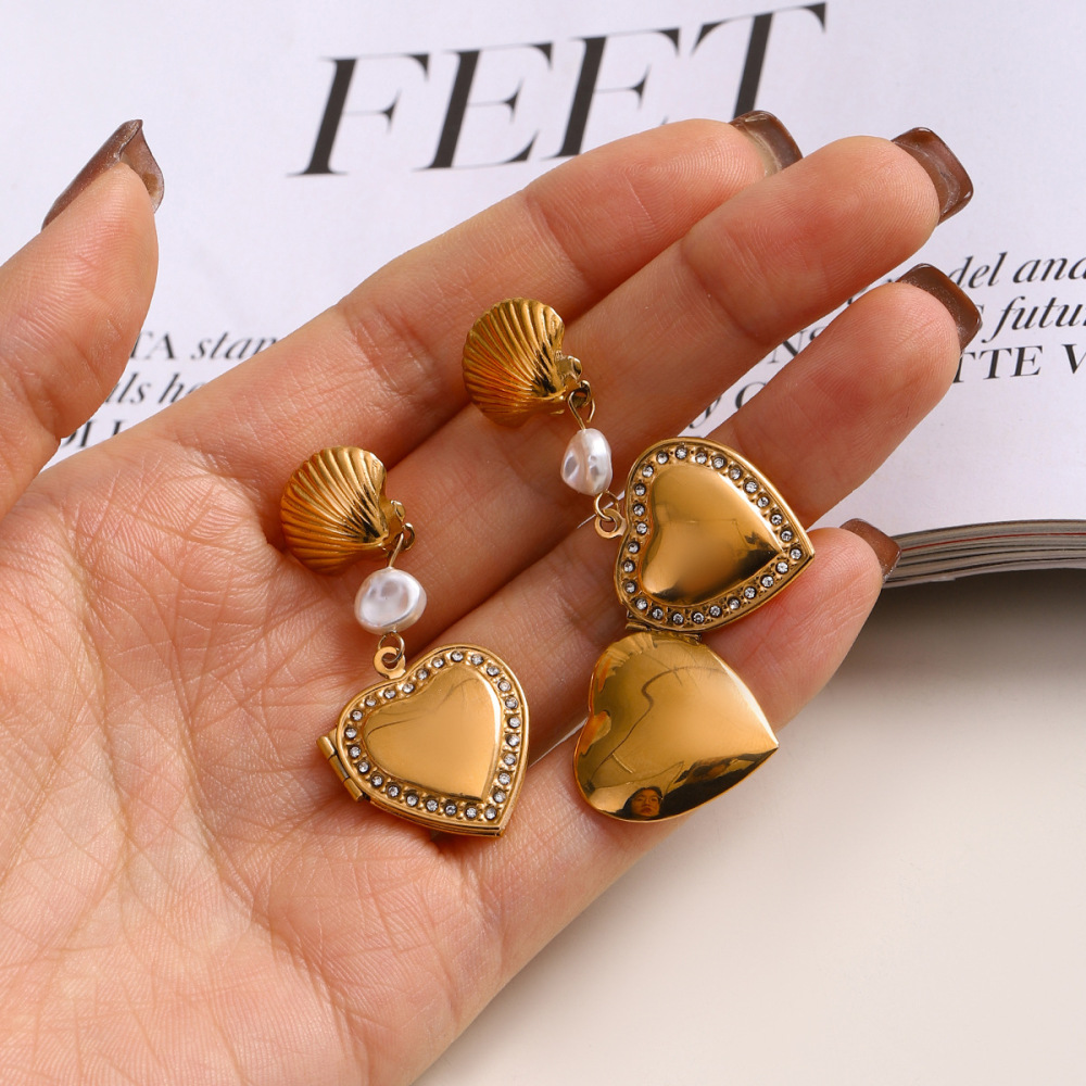 Boucles D'Oreilles Pendantes Pour Femme, Style Rétro Coquillage, En Acier Inoxydable Doré, Imperméables, À Personnaliser (1 Paire). Image3