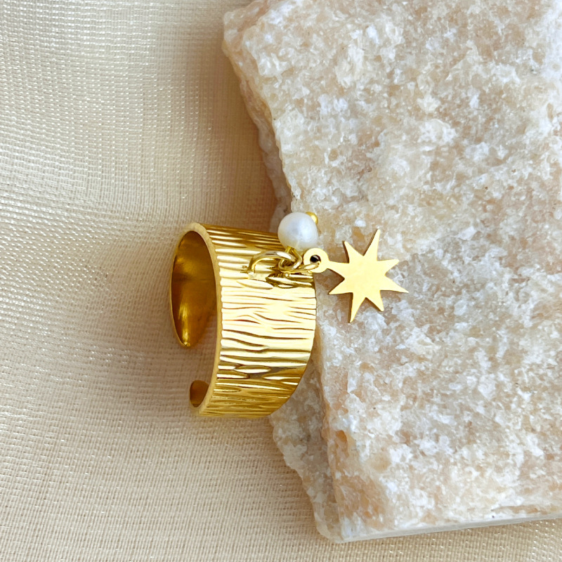 Bague Ajustable Pour Femme, Style Rétro, Motif Octogonal Ondulé, En Acier Inoxydable Étanche Couleur Or (1 Pièce). Image3