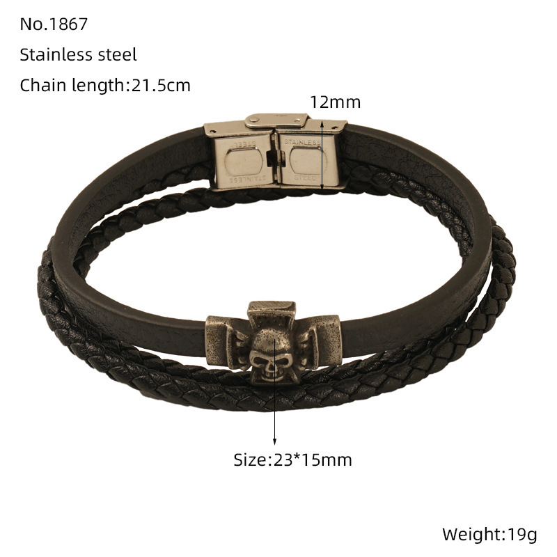 1 Paire De Bracelets Rétro En Cuir Tressé Avec Motif Tête De Mort Pour Homme, Fermoir Magnétique En Acier Titane, Accessoires Pour Homme h5Image5