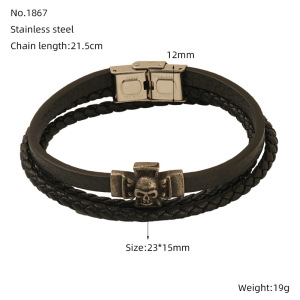 1 Paire De Bracelets Rétro En Cuir Tressé Avec Motif Tête De Mort Pour Homme, Fermoir Magnétique En Acier Titane, Accessoires Pour Homme h5 Image5