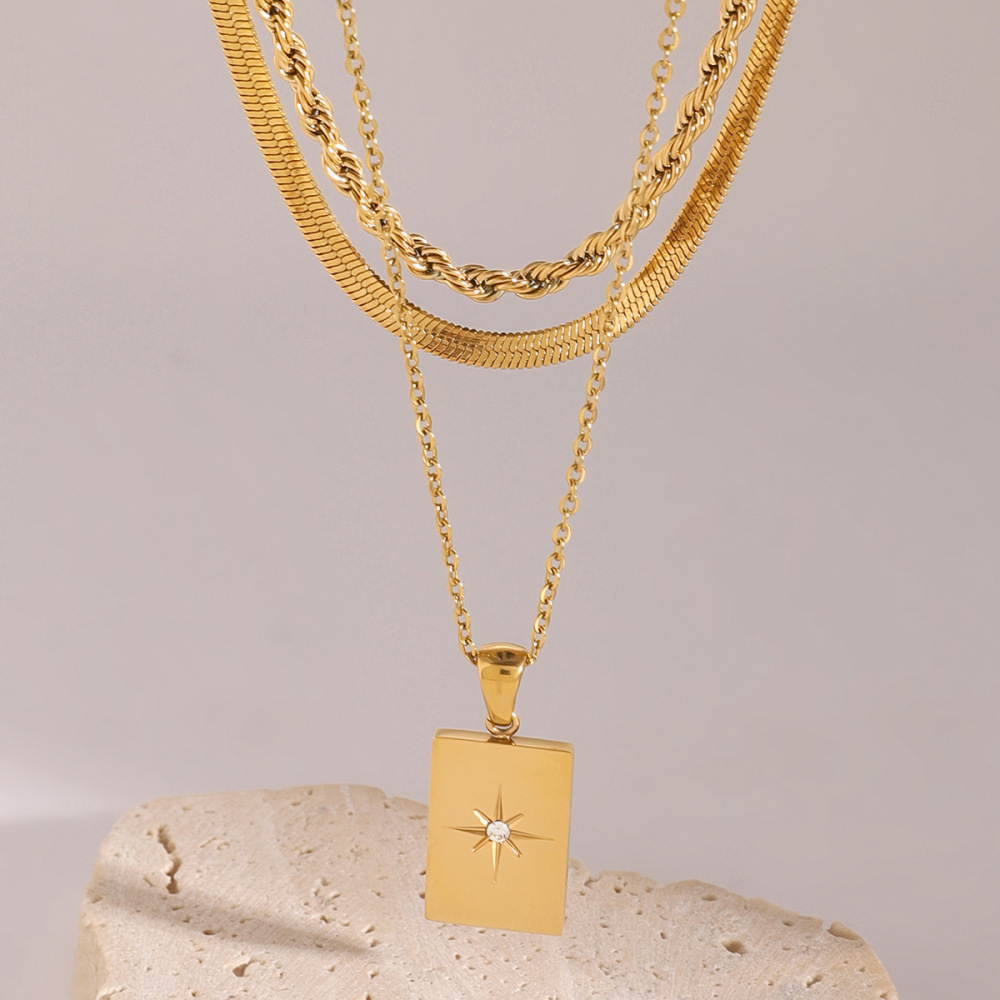 Collier Simple Et Décontracté En Acier Inoxydable Plaqué Or  Avec Strass Pour Femme Image3