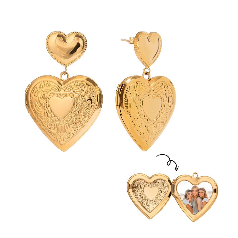 1 Paire De Boucles D'Oreilles Pendantes Élégantes En Forme De Cœur, En Acier Inoxydable Doré, Imperméables, De La Série Luxueuse. À Personnaliser Soi-Même. h5Image5