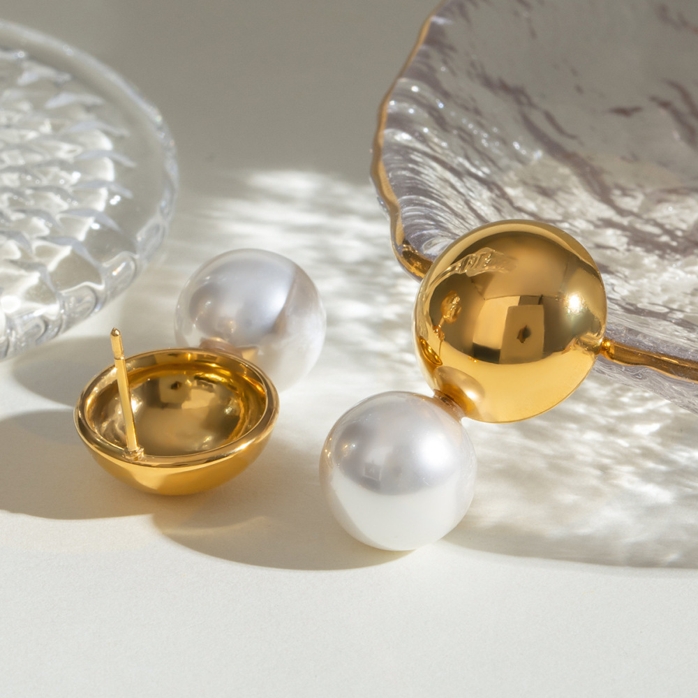 1 Paire De Boucles D'Oreilles À Tige Géométriques Élégantes En Acier Inoxydable Plaqué Or Avec Perles Artificielles Pour Femmes Image5
