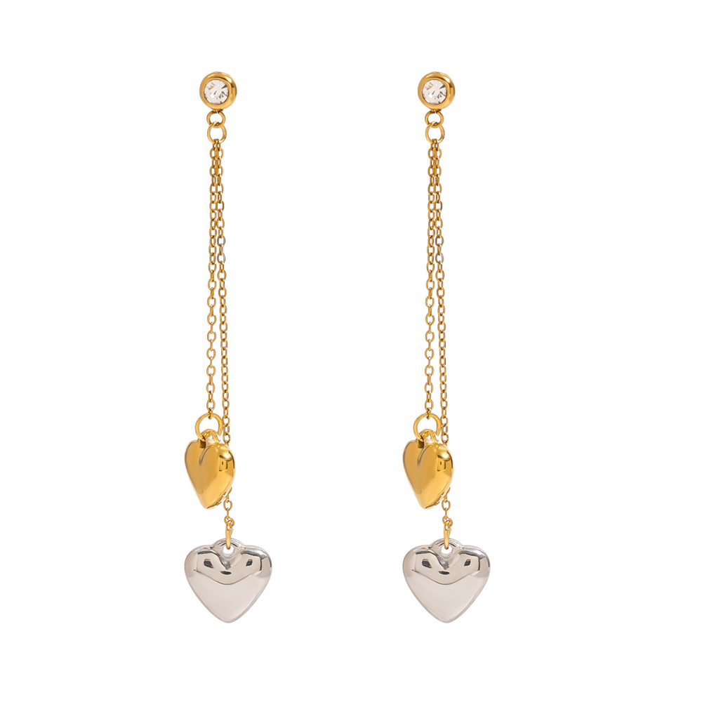 Boucles D'Oreilles Pendantes Pour Femme, Collection Romantique, Ornées De Pompons En Forme De Cœur, En Acier Inoxydable Étanche, Coloris Or Et Argent. Image4