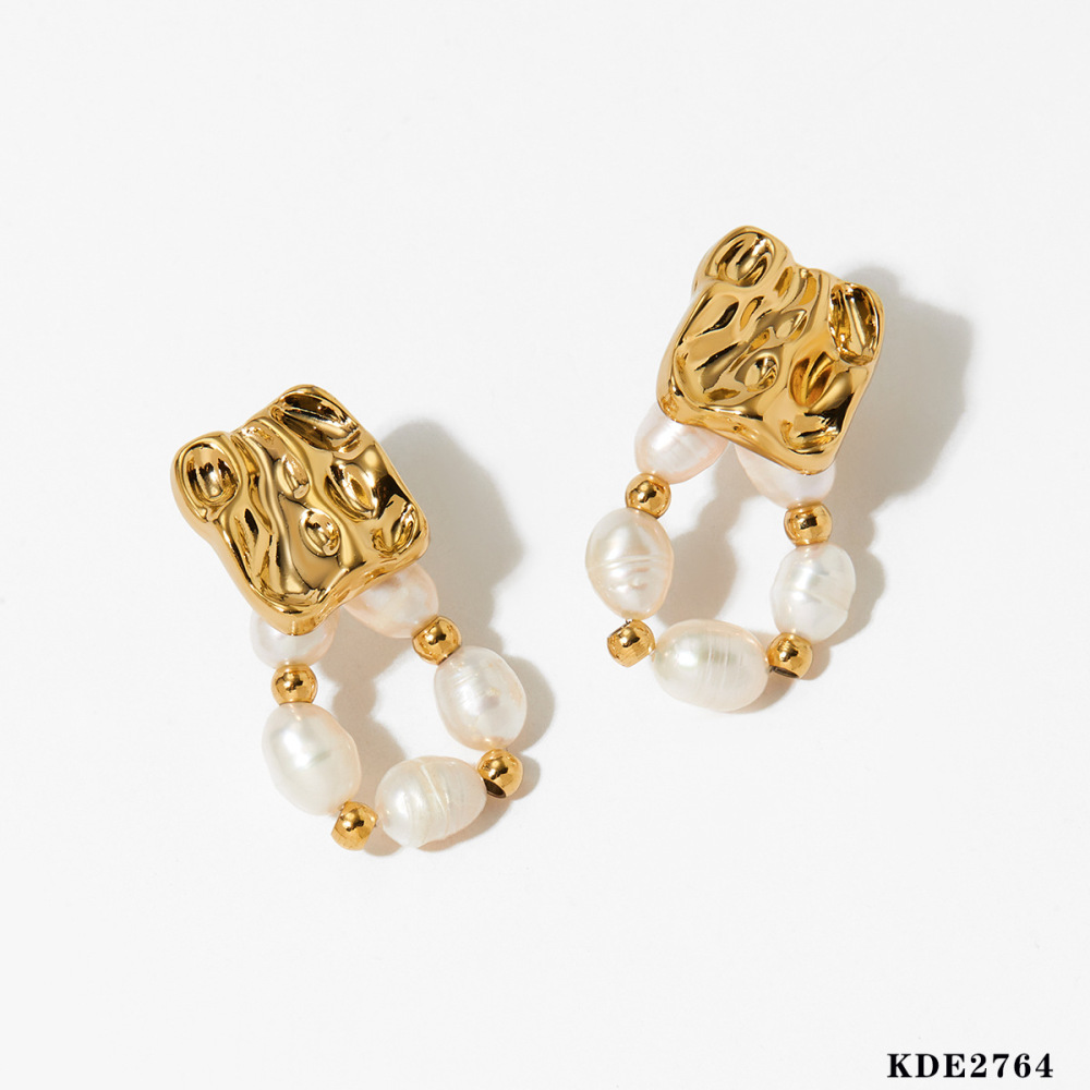 Boucles D'Oreilles Pendantes Pour Femme, Style Rétro, En Acier Inoxydable Imperméable, Ornées De Perles Et D'Un Motif Martelé. Image2