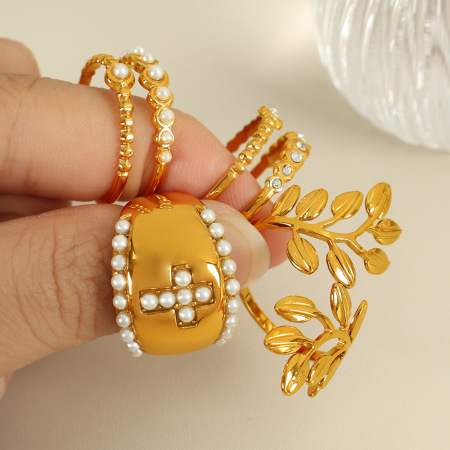 1 paire de bagues ajustables pour femme, série simple, style rétro, croix, en acier inoxydable plaqué or , avec perles artificielles