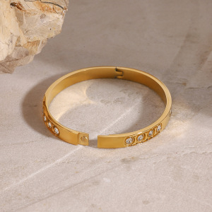 Bracelet Rond En Acier Inoxydable Plaqué Or  Avec Strass Pour Femme, Série Simple , 1 Pièce h5 Image4