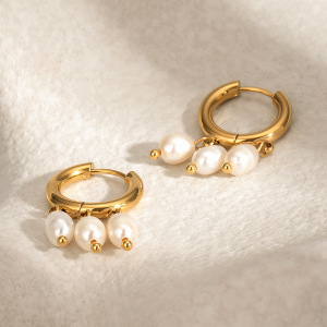 Boucles D'Oreilles Femme Style Rétro, Simples, À Pompons, En Acier Inoxydable Plaqué Or Et Perles Artificielles. h5 Image5