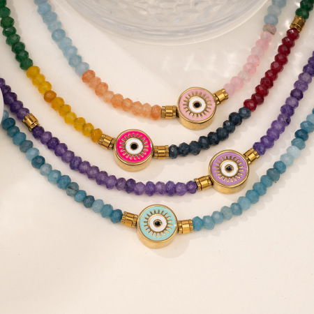 Collier pour femme en acier inoxydable doré, orné de perles de cristal et d'un motif œil classique, collection ethnique (1 pièce)