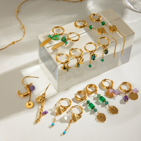 1 paire de boucles d'oreilles pendantes géométriques élégantes en acier inoxydable plaqué or  avec pierres naturelles pour femmes