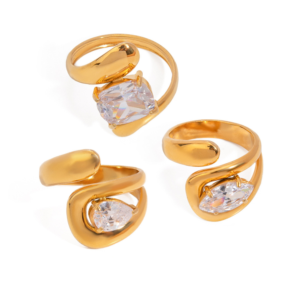 Bague Simple Pour Femme, Collection De Luxe, En Acier Inoxydable Doré, Imperméable, Ornée De Strass, De Forme Irrégulière. Image10