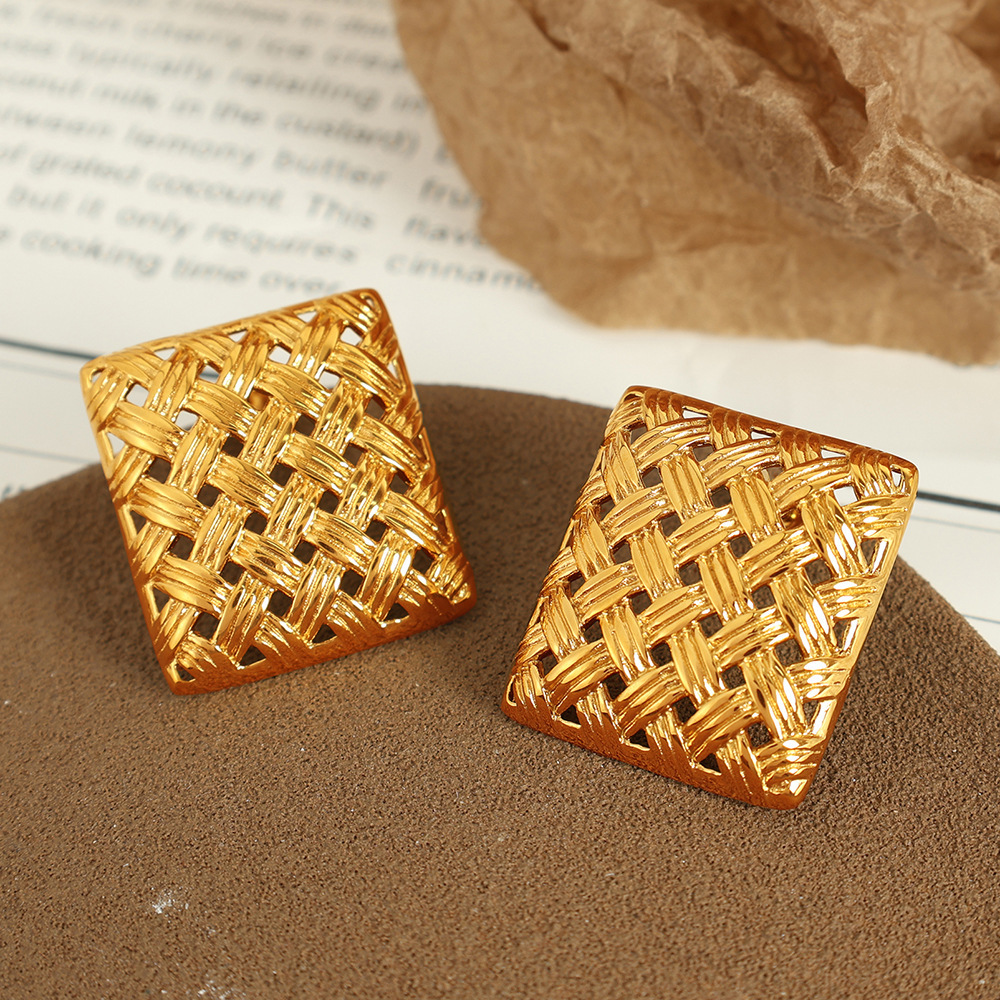 1 Paire De Boucles D'Oreilles À Tige Géométriques Rétro En Acier Titane Couleur Or Pour Femme, Série Luxueuse Image3