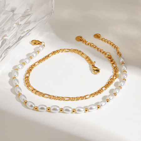 Bracelet De Cheville Superposé Pour Femme, En Acier Inoxydable, Imperméable, Couleur Or, Orné De Perles (1 Pièce)