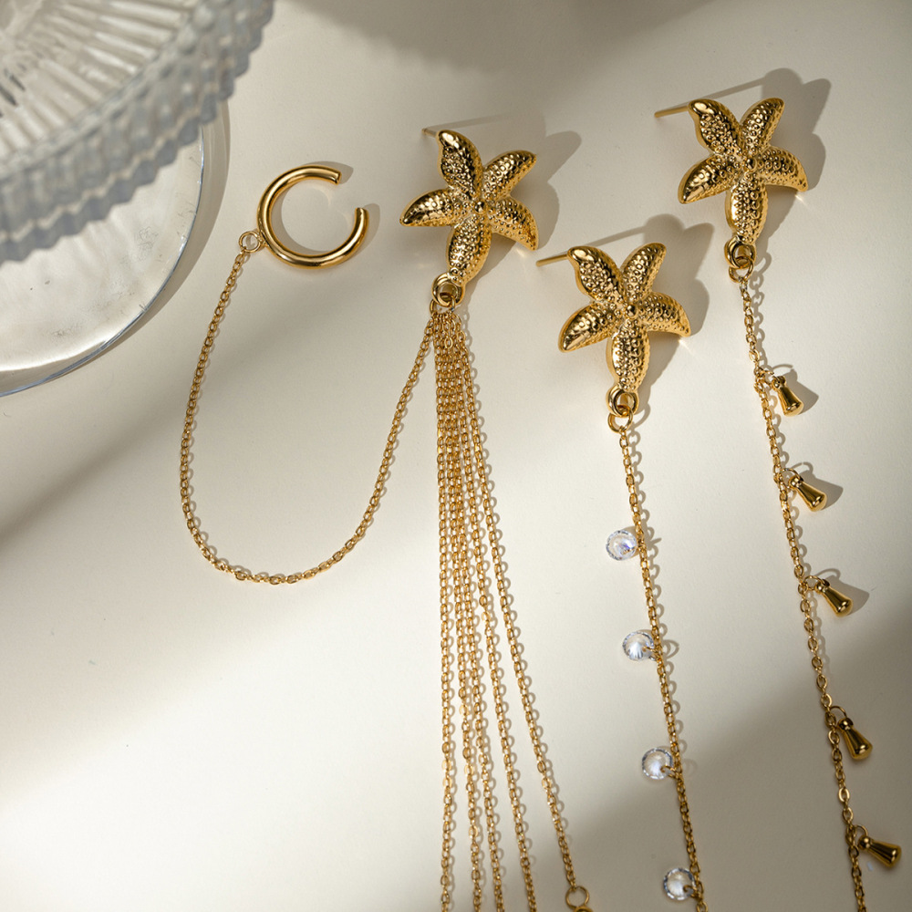 Boucles D'Oreilles À Clip En Acier Inoxydable Or Avec Strass Et Étoile De Mer, Style Ins Transfrontalier Européen Et Américain, Tendance Personnalité Haut De Gamme h5Image2