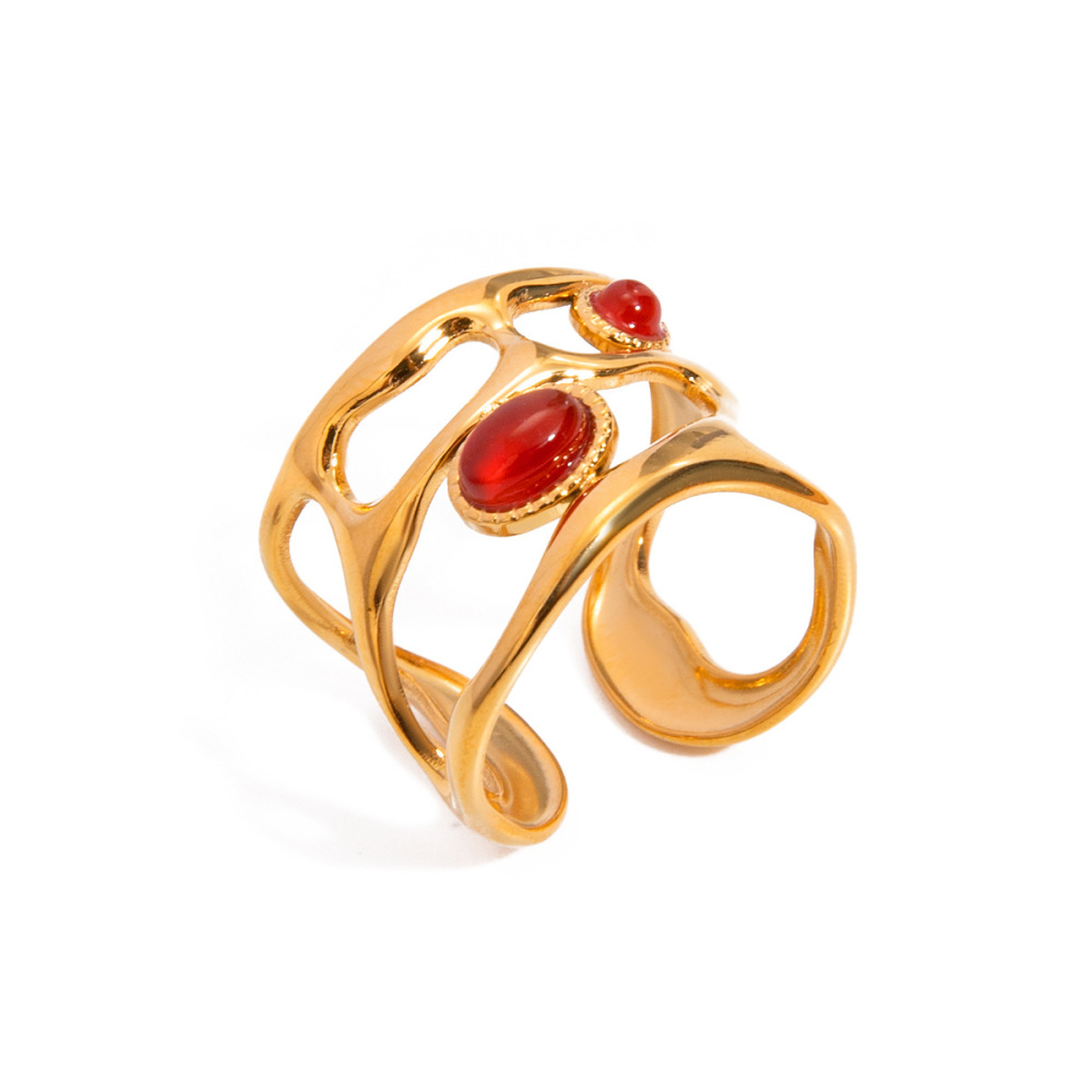 Bague Ajustable Pour Femme, Style Rétro Géométrique, En Acier Inoxydable Plaqué Or, Étanche, Ornée D'Une Pierre Artificielle. Image2