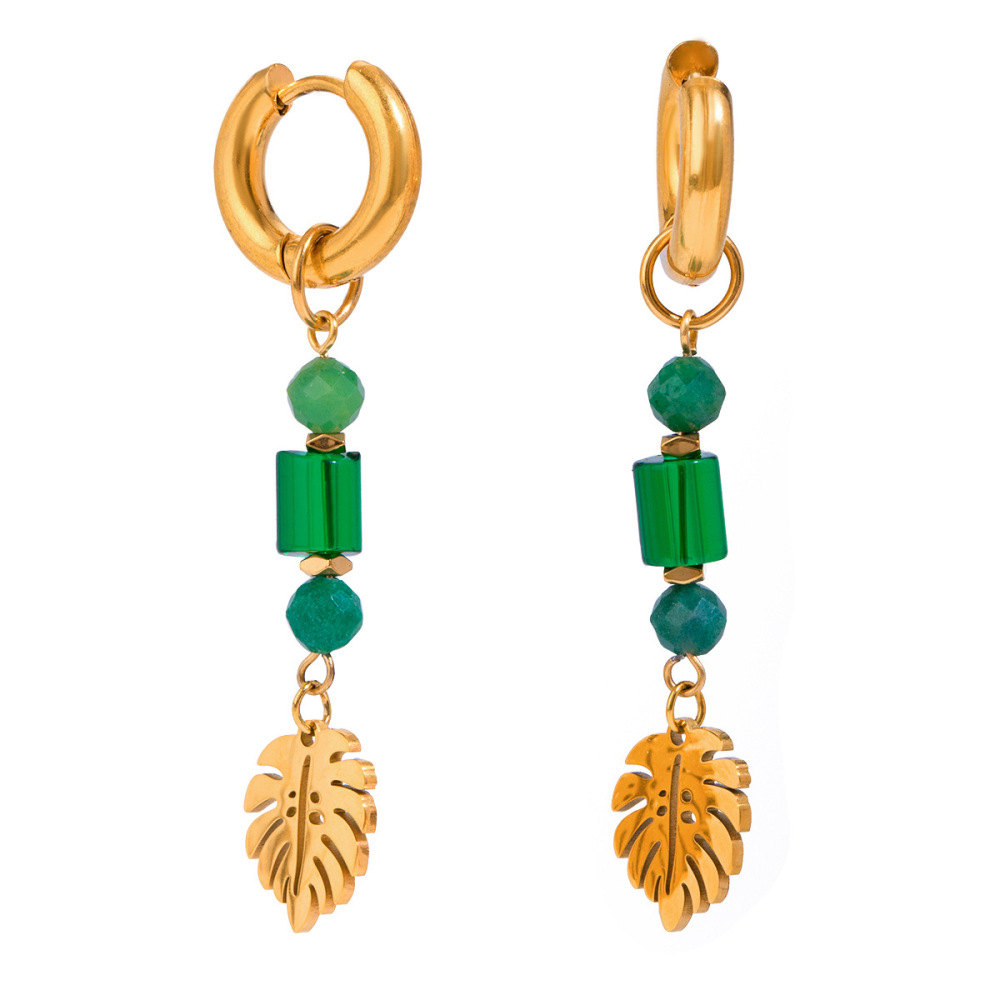 Boucles D'Oreilles Femme Style Ethnique Rétro, En Acier Inoxydable Plaqué Or, Ornées De Pierres Naturelles Et De Perles (1 Paire). Image5