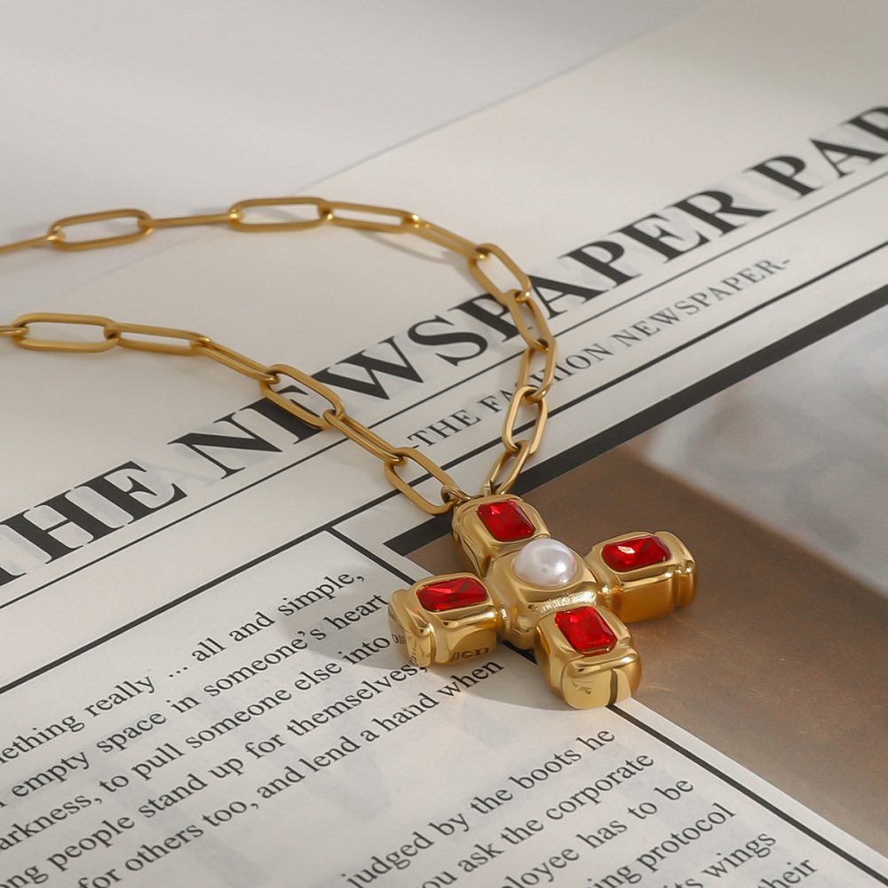 Collier Pendentif Femme En Acier Inoxydable Doré, Forme Croix, Étanche, 1 Pièce, Collection Luxueuse Image7