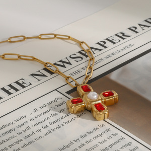 Collier Pendentif Femme En Acier Inoxydable Doré, Forme Croix, Étanche, 1 Pièce, Collection Luxueuse h5 Image7