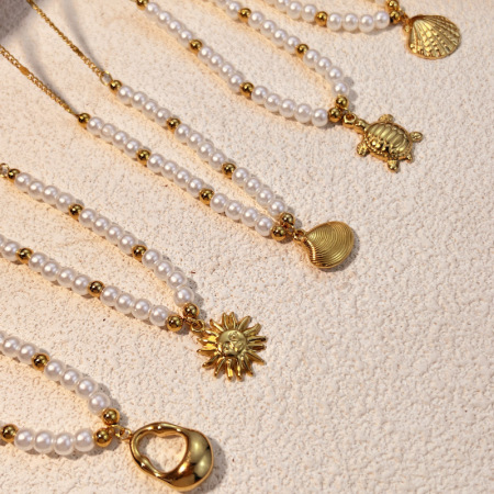 Collier De Perles Pour Femme Oceanic En Acier Inoxydable Étanche Couleur Or (1 Pièce)