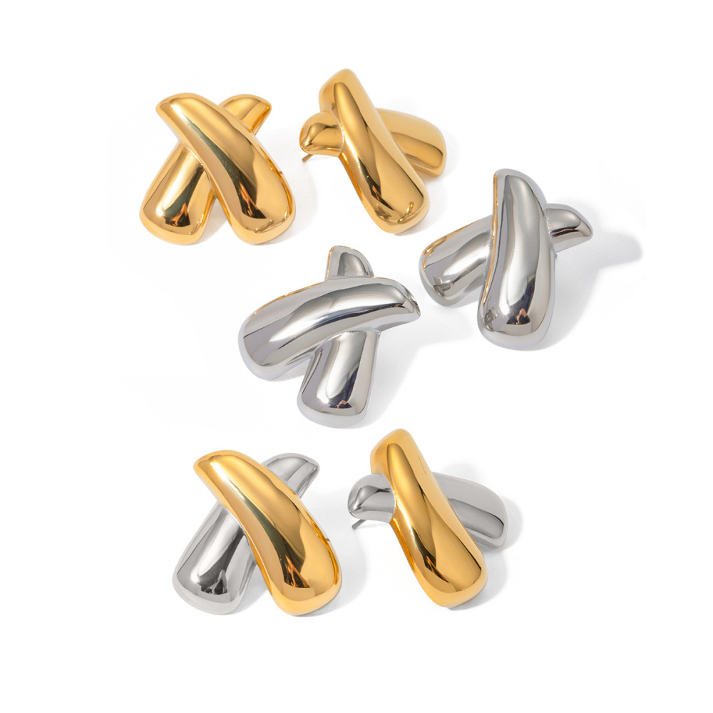Boucles D'Oreilles En Forme De X En Acier Inoxydable Or  De Style Ins, Bijoux Symétriques, Plaqués Sous Vide, Anti-Décoloration Et Anti-Allergiques Image5