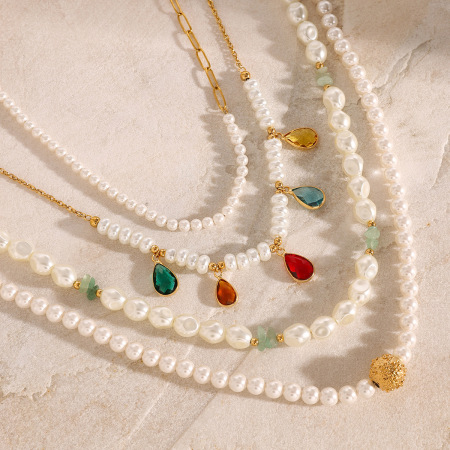 collier de perles élégant en acier inoxydable plaqué or  pour femme, série simple, 1 pièce