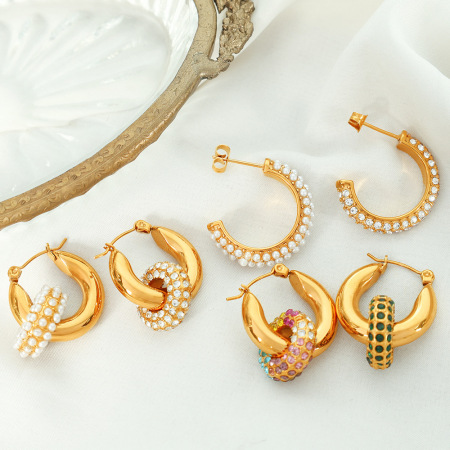 1 paire de boucles d'oreilles créoles rétro géométriques en acier inoxydable plaqué or avec zircons pour femmes