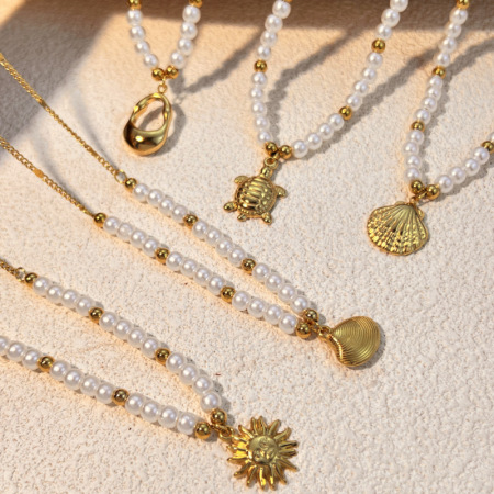 Collier De Perles Pour Femme Oceanic En Acier Inoxydable Étanche Couleur Or (1 Pièce) 2