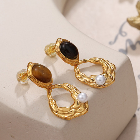 1 paire de boucles d'oreilles pendantes géométriques rétro en acier titane couleur or pour femme, série classique 2