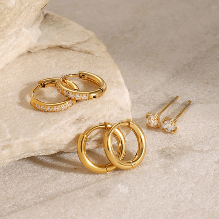 1 paire de boucles d'oreilles rondes en acier inoxydable plaqué or  avec strass pour femme, série simple  2