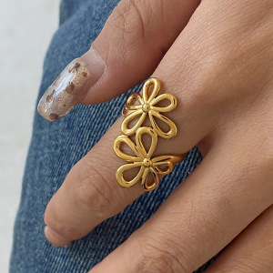 Bague Ajustable Pour Femme, Collection Romantique, Élégante, Double Fleur, En Acier Inoxydable Étanche Couleur Or. h5 Image7