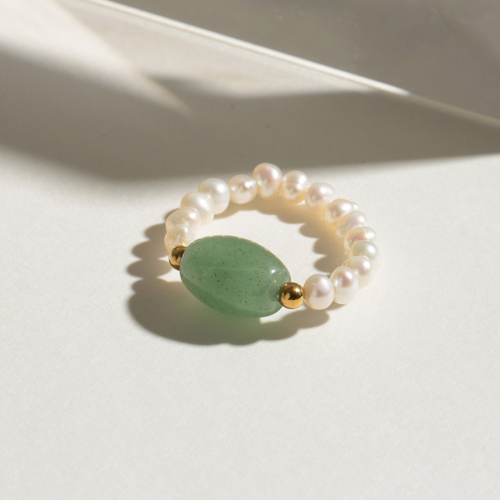 Bague Simple Pour Femme, Élégante Et Classique, En Acier Inoxydable Doré, Ornée D'Une Pierre Verte Naturelle Et De Perles. Image5