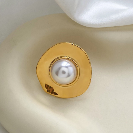 1 paire de bagues ajustables rétro géométriques en acier inoxydable plaqué or avec perles artificielles pour femme