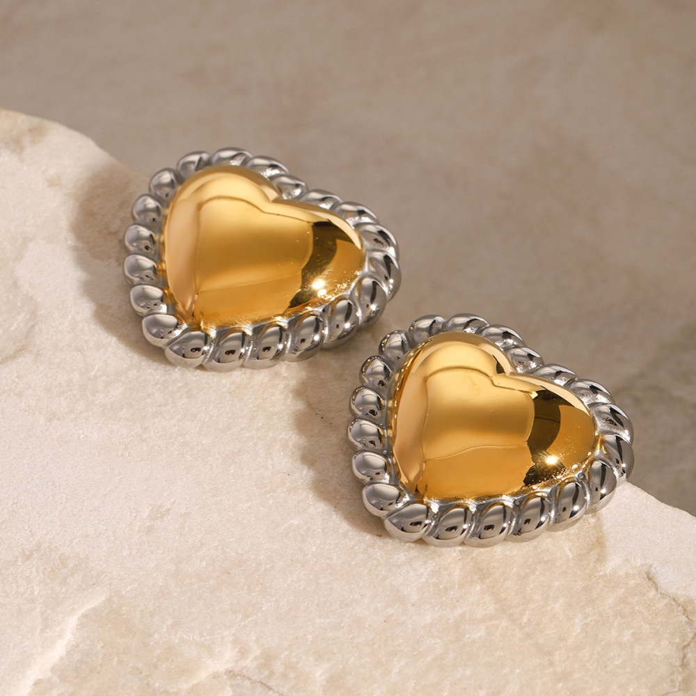 1 Paire De Boucles D'Oreilles À Tige Élégantes En Forme De Cœur, Série Simple, En Acier Inoxydable Plaqué Or , Pour Femme h5Image3