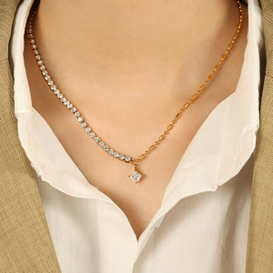Collier De Perles Géométriques Simples En Acier Inoxydable Plaqué Or  Pour Femme, Série Luxueuse, 1 Pièce h5 Image4