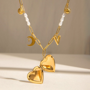 Collier Pendentif Romantique Classique En Forme De Cœur Et De Lune, En Acier Inoxydable Étanche Couleur Or, À Faire Soi-Même Pour Femme (1 Pièce) h5 Image4
